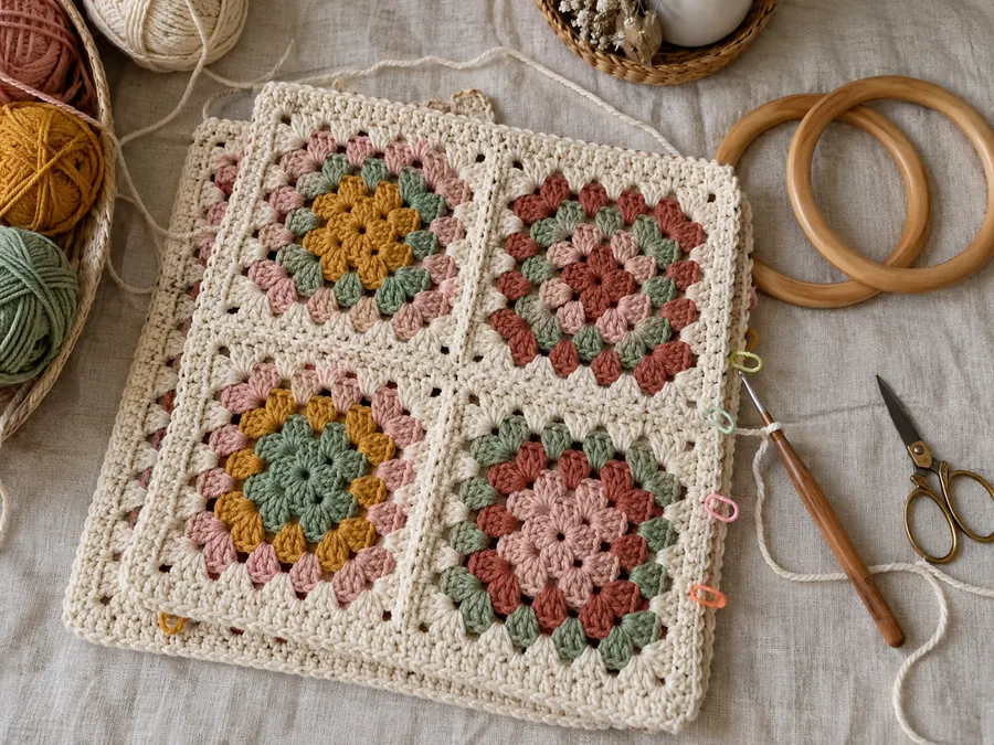 Crochet bag in progress: two granny square panels being joined with a single crochet seam