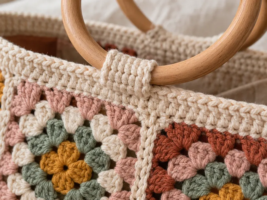Wooden ring handle attached to a crochet bag with a folded single crochet tab