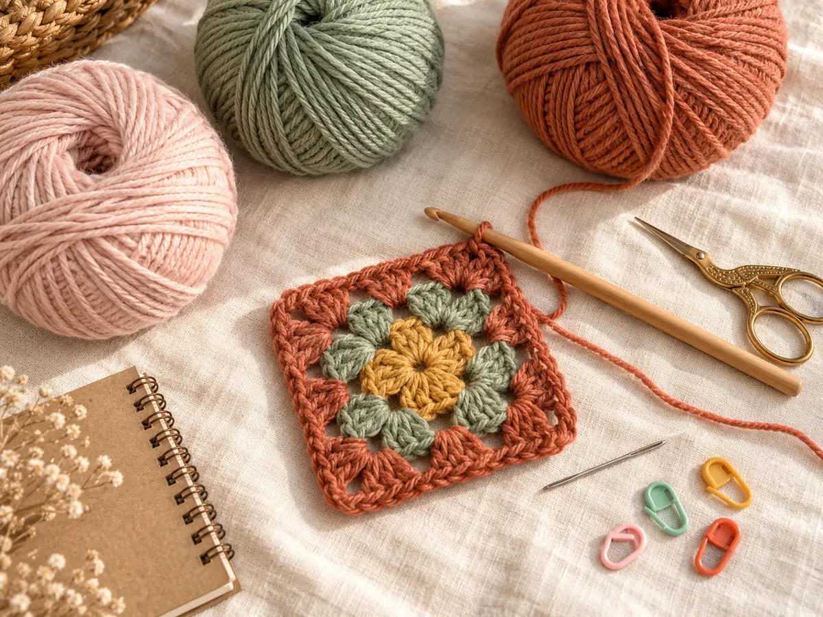 Granny square crochet supplies: worsted yarn, 5 mm crochet hook, scissors and stitch markers