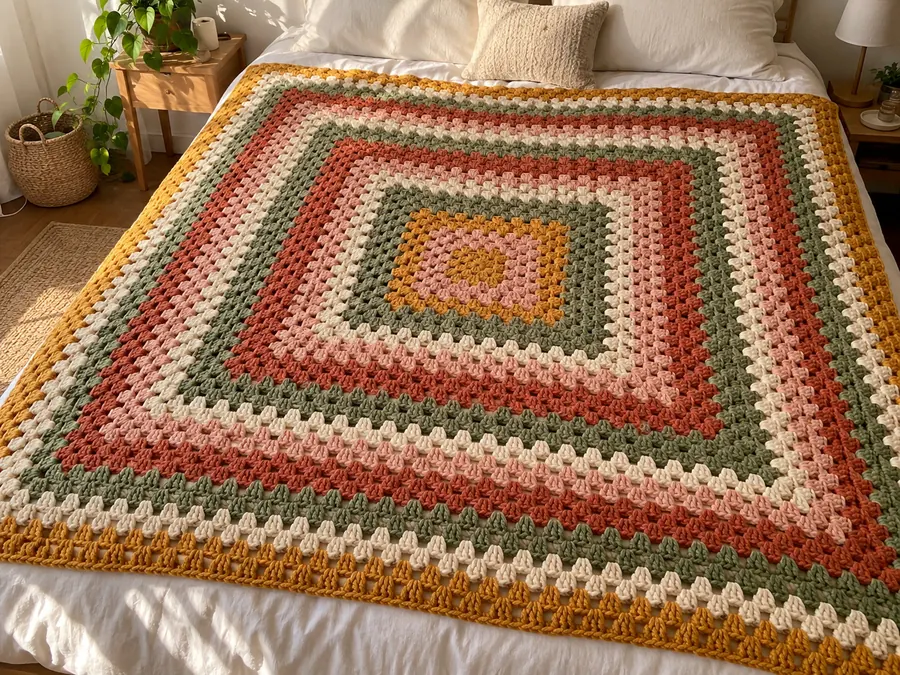Free giant granny square blanket crochet pattern spread on a bed