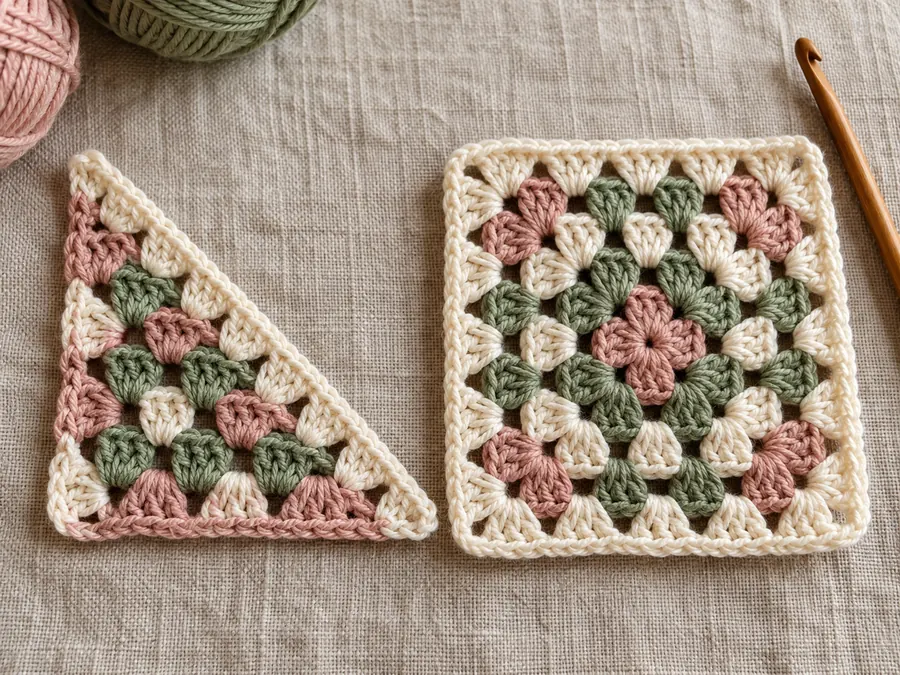 Free half granny square crochet pattern: granny triangle next to a full square