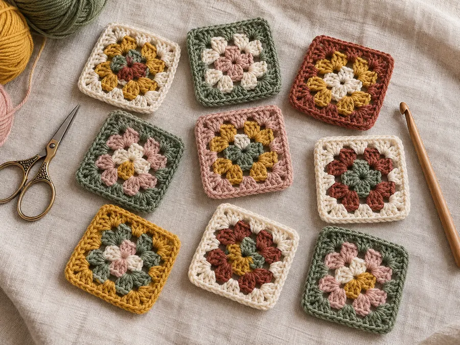 Free mini granny square crochet pattern: small two-round squares in different colours