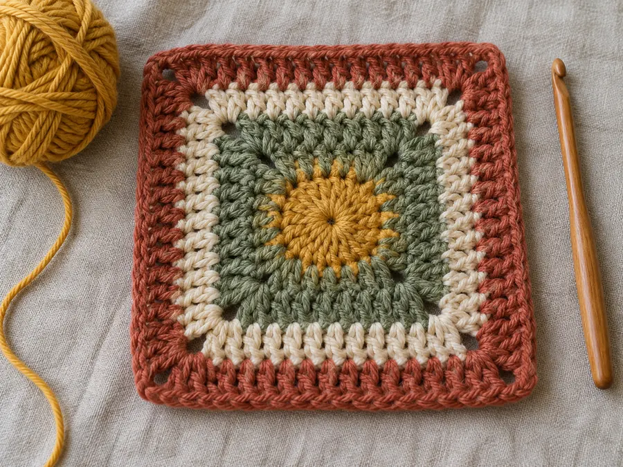 Free solid granny square crochet pattern with no holes in mustard, sage, cream and terracotta