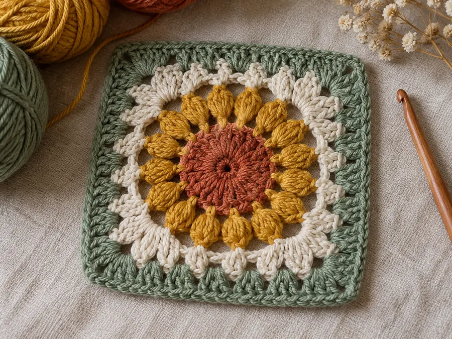 Free sunburst granny square crochet pattern with sun rays of clusters