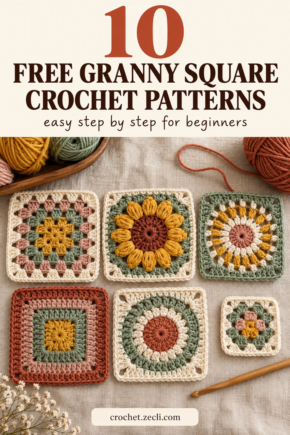 10 free granny square crochet patterns: classic, sunflower, sunburst and solid granny squares
