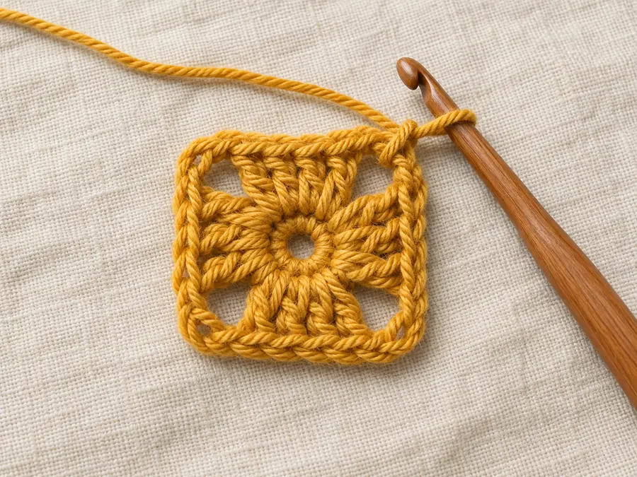 Granny square round 1: four clusters of three double crochet in a chain ring