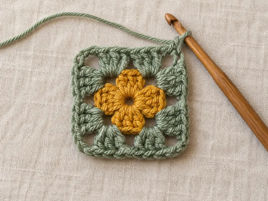 Granny square round 2: two clusters in each corner separated by chain 2